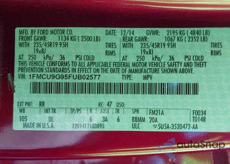 2015 Ford Escape Se from USA, damaged, VIN 1FMCU9G95FUB02577